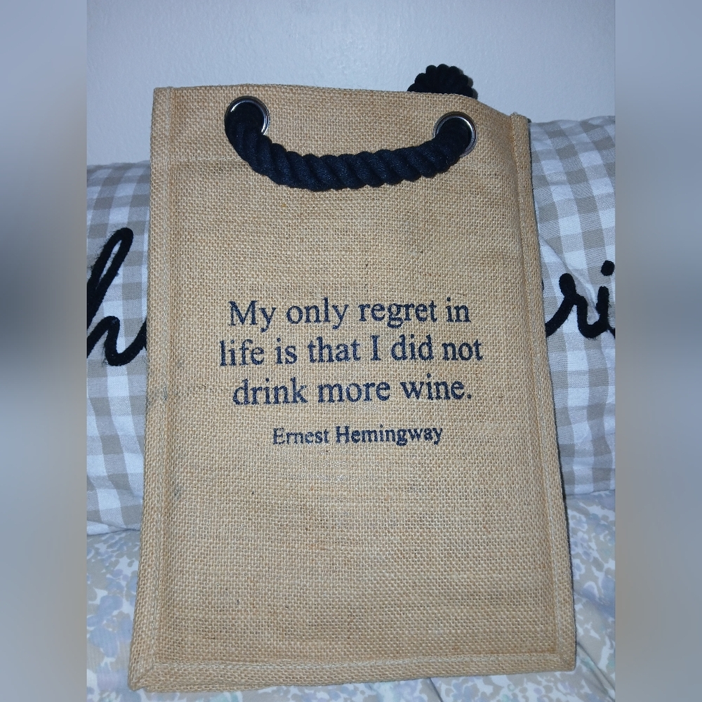Wine Bottle Tote Jute Carrier Bag Ernest Hemingway Quote